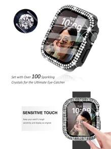 2 In 1 Glass Case Bling Stretchy Watch Bands Compatible With Apple Watch Band 40mm 41mm 42mm 44mm 45mm 46mm Compatible With IWatch Series 11 10 9 8 7 6 5 4 3 SE, Adjustable Nylon Wristband With Shiny Bling Diamond Rhinestone Cover Case For Women Girls