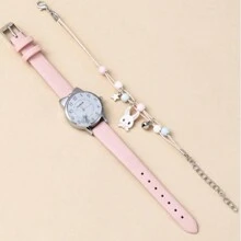 2pcs/Set Small Dial Minimalist Watch & Unicorn Pattern Bracelet, Suitable For Birthday, Halloween, Other Occasions - Pink - View 3