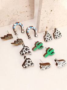 6對西部牛仔風格趣味仙人掌、公牛頭和閃電形狀的時尚耳針,適合女性日常佩戴 - 彩色 - 查看 2