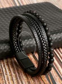 yijiangbeiting 復古男士手編天然黑曜石手鍊,珠狀虎眼石皮革手編多層疊戴手鍊 - 彩色 - 查看 8