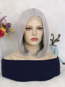 6*4*1 T 部分高清蕾丝优质合成 BOB 女士假发，直发银灰色假发，12 英寸短合成蕾丝前假发，预拔自然发际线高清透明蕾丝假发，中分款式耐热高温纤维发丝，150% 高密度时尚百搭假发，每日万圣节角色扮演假发，非常适合时尚女性和 1 件假发帽 - 淺灰色 - 查看 3