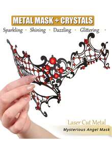 1隻高級金屬面具,配有紅色鑽石和一個眼罩,適用於女士化妝舞會,鐳射切割金屬威尼斯派對服裝面具 - 黑色 - 查看 1