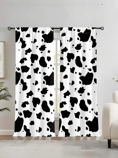 1 Set Of 2 Pieces, White And Brown Cow Print Rustic Farmhouse Curtains, Faux Leather Texture, Semi-Sheer Privacy Protection, Bedroom/Living Room Decor