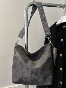 幾何肩帶hobo手袋,大容量斜背袋,女性復古斜跨袋 - 黑色 - 查看 3