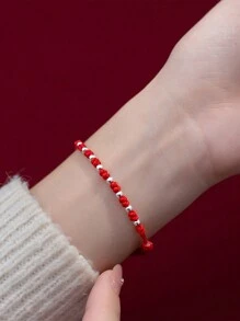 HuooNew 1pc Minimalist 925 Sterling Silver Beaded Red Rope Bracelet For Daily Wear, Adjustable