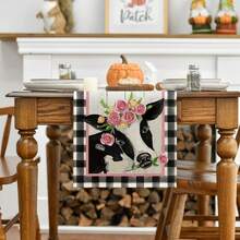 1pc Black And White Plaid Cow Pattern Table Runner, Modern Simple Linen-Like Rectangular Indoor/Outdoor Table Runner, Suitable For Home Dining Room Living Room Table Cabinet Decoration - Black and White - View 3