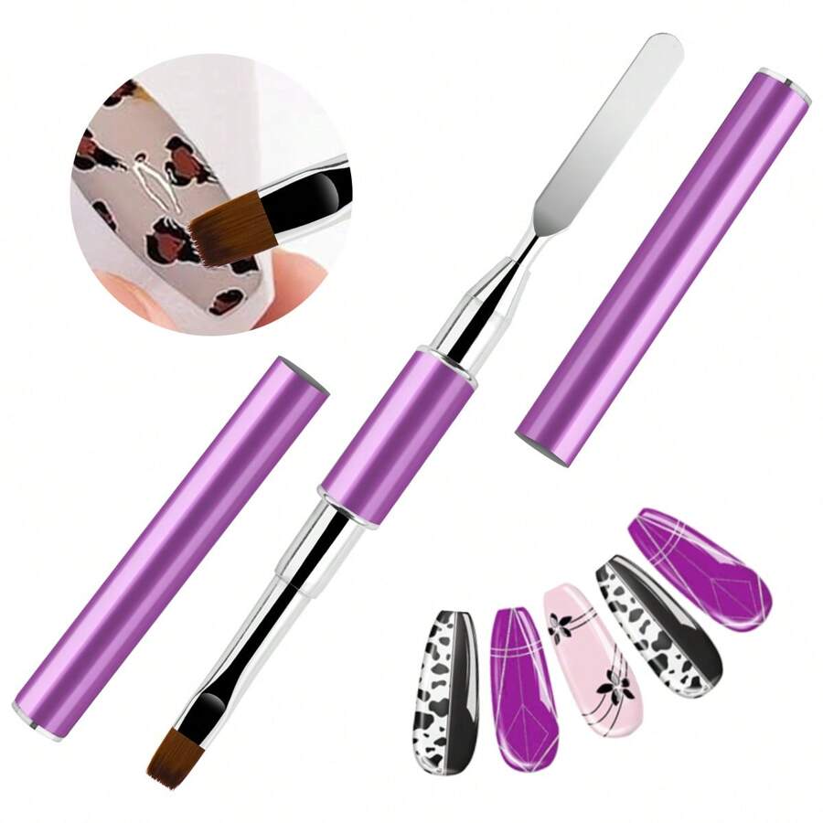 1支雙頭紫色扁平指甲藝術刷,金屬手柄 - 紫色 - 查看 1