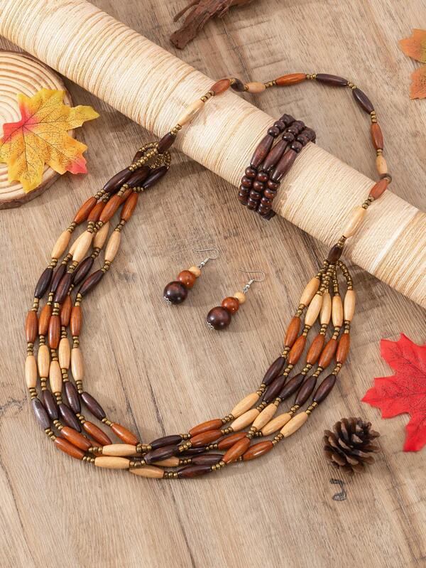 مجموعة مجوهرات تتكون من قلادة خشبية متعددة الطبقات ،أقراط ، سوار بنمط بوهيمي 4 قطع / مجموعة للنساء