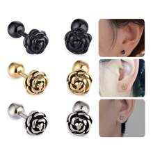 2 件復古玫瑰花耳環和女式手術鋼花耳環,金色和黑色,情人節禮物 - 銀色 - 查看 1