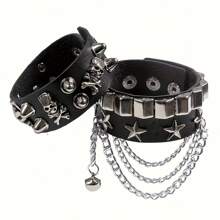 Yanxyad 1 Piece Spiked Studded Bracelet Black Leather Rivet Punk Bracelet Cuff Wrap Bangle Snap Button Metal Wristband For Men