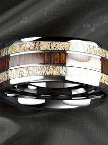 1pc Fashion Silver Color Men's Stainless Steel Rings Koa Wood Deer Antler Inlay Dome Engagement Rings For Men Women Wedding Jewelry - Multicolor - View 6