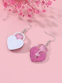 1pair Valentine'S Day Sweetheart Glitter Heart Lock & Key Acrylic Earrings - Pink - View 2