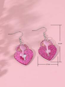 1pair Valentine'S Day Sweetheart Glitter Heart Lock & Key Acrylic Earrings - Pink - View 3