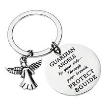 1入組3cm圓形刻有「守護天使與你同在」不鏽鋼鑰匙扣,節日送給女兒或兒子的禮物 - 銀色 - 查看 6