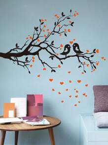 Valentine's Day Red Heart Black Branches Wall Decal Birds On Branches Wall Sticker Peel And Stick Bedroom Office Bathroom Living Room Wall Decor Removable Wall Art Decor Peel And Stick Room Wall Decor - Multicolor - View 1