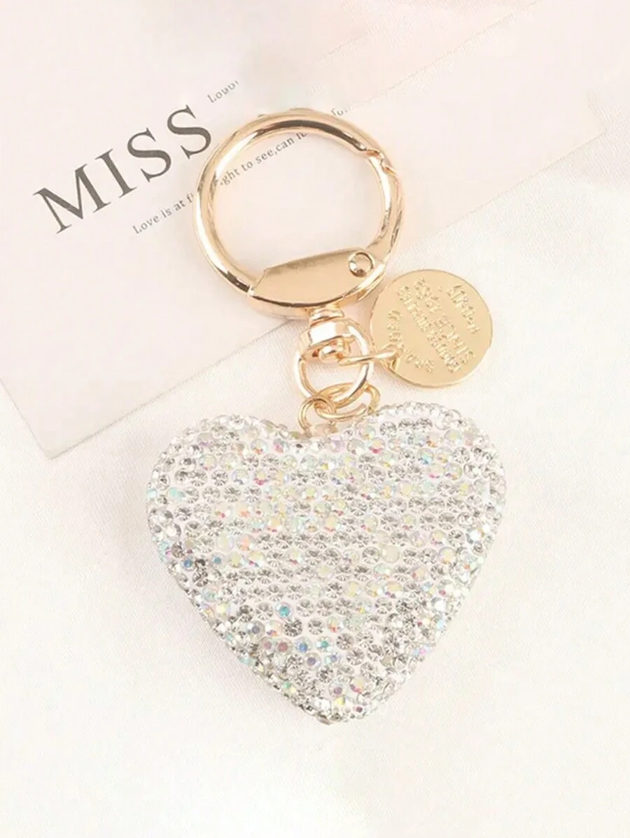 1pc Rhinestone Heart Solid Color Bag Charm Keychain Key Ring Pendant Gift , Backpack Wallet Pendant Small Gift Fashion Metal Bag Charm Travel Accessories,With Metal Hanging Clasp, Small And Lightweight, Car Keyring Ornament Car Pendant