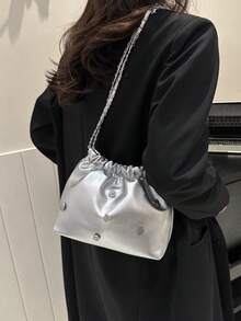 鞣皮螺釘霸氣風格橫式斜挎單肩包,輕巧簡潔,適合女大學生,新手或白領人士,適用於辦公室、大學、工作和商務通勤等場合 - 銀色 - 查看 3