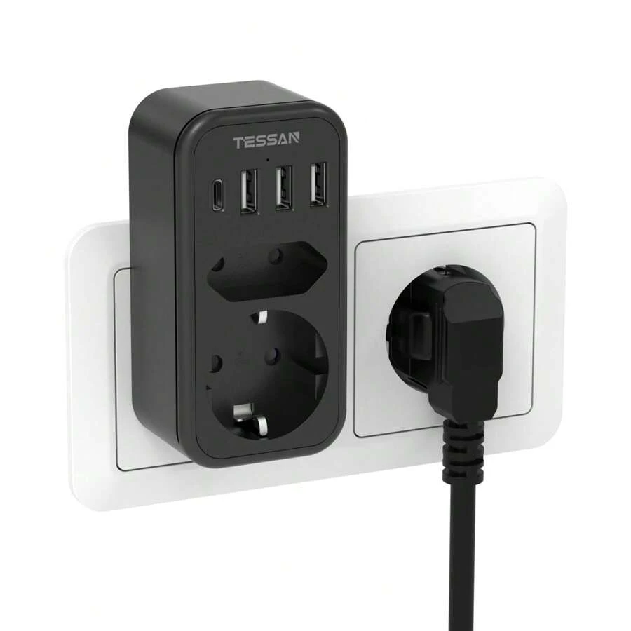 TESSAN Ladron Enchufes con USB C, Enchufe USB Multiple con Ladron 2 enchufes, 1 Puerto Tipo C, 3 USB A Negro - Negro - Ver 1