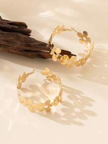 1對甜美優雅的金屬時尚花卉設計女耳釘套圈 - 金黃色 - 查看 4