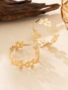 1對甜美優雅的金屬時尚花卉設計女耳釘套圈 - 金黃色 - 查看 3