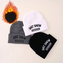 1入組show刺繡情侶針織帽,y2k風格中性貝雷帽,輕盈保暖冬季帽,適合休閒運動和滑雪 - 灰色 - 查看 2