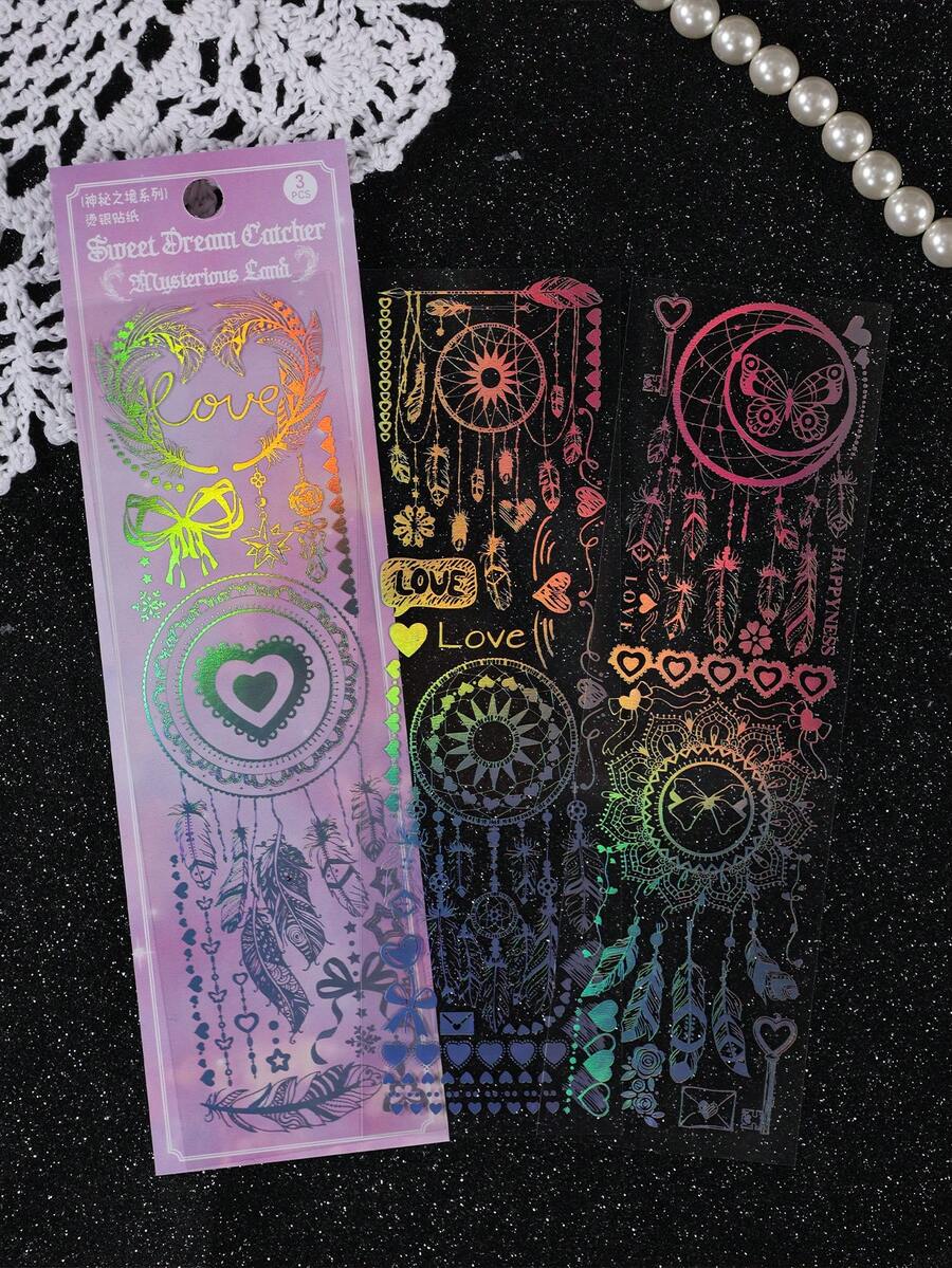 3 件裝熱銀寵物防水可重複使用捕夢網系列貼紙,非常適合 Diy 剪貼簿、信封和卡片裝飾 - 彩色 - 查看 1