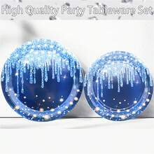 60入組藍銀桌具套裝,包含7''和9''晚餐甜點盤、午餐餐巾,適用於公主銀閃閃生日派對用品、婚禮、茶會、周年慶典、嬰兒派對桌面裝飾 - blue silvery - 查看 5