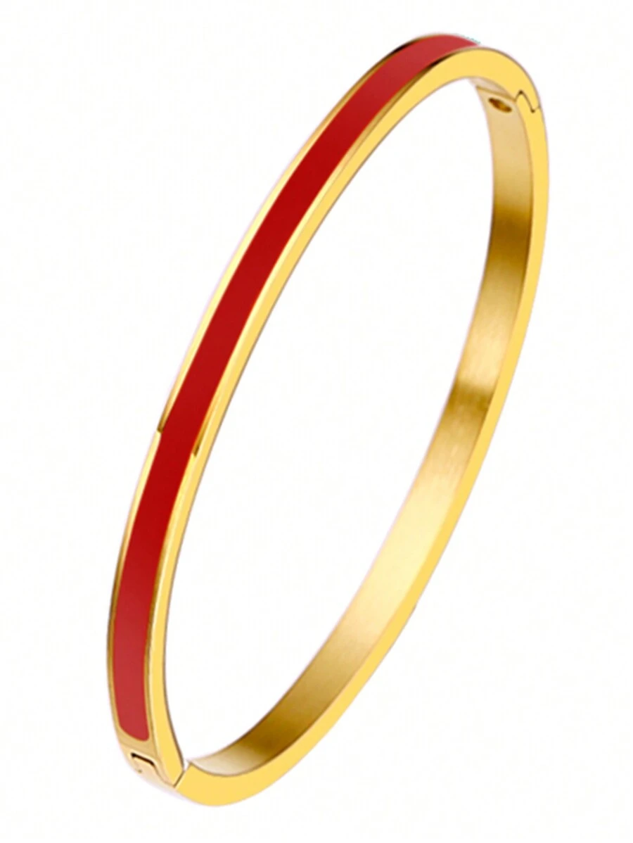 窄款不锈钢手镯，彩色珐琅装饰金色树脂涂层时尚女士袖口手链，进口商品