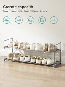 SONGMICS Scarpiera a 2 Ripiani, Scaffale Portascarpe, Organizzatore in Metallo, per 8/10 Paia di Scarpe, Impilabile, Corridoio, Soggiorno, Camera da Letto, 30 x 92 x 34 cm, Grigio - Grigio - Visualizzare 2