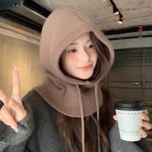 1個女人的冬季barakarakafa帽,時尚的保暖帽子圍巾組合設計,帶有耳瓣和頸部覆蓋,針織款式 - 咖啡棕 - 查看 1