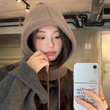 1個女人的冬季barakarakafa帽,時尚的保暖帽子圍巾組合設計,帶有耳瓣和頸部覆蓋,針織款式 - 咖啡棕 - 查看 4