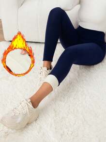 Women's High Waist Solid Color Thermal Lined Leggings, Thick Elastic Comfortable Tight Pants For Winter Sports, Yoga, Casual, Daily Matching, Navy Blue - Navy Blue - View 1