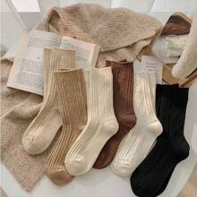 1雙/3雙/5雙女士簡約純色保暖羊毛襪，優雅厚實中筒襪 - 黑色 - 查看 1