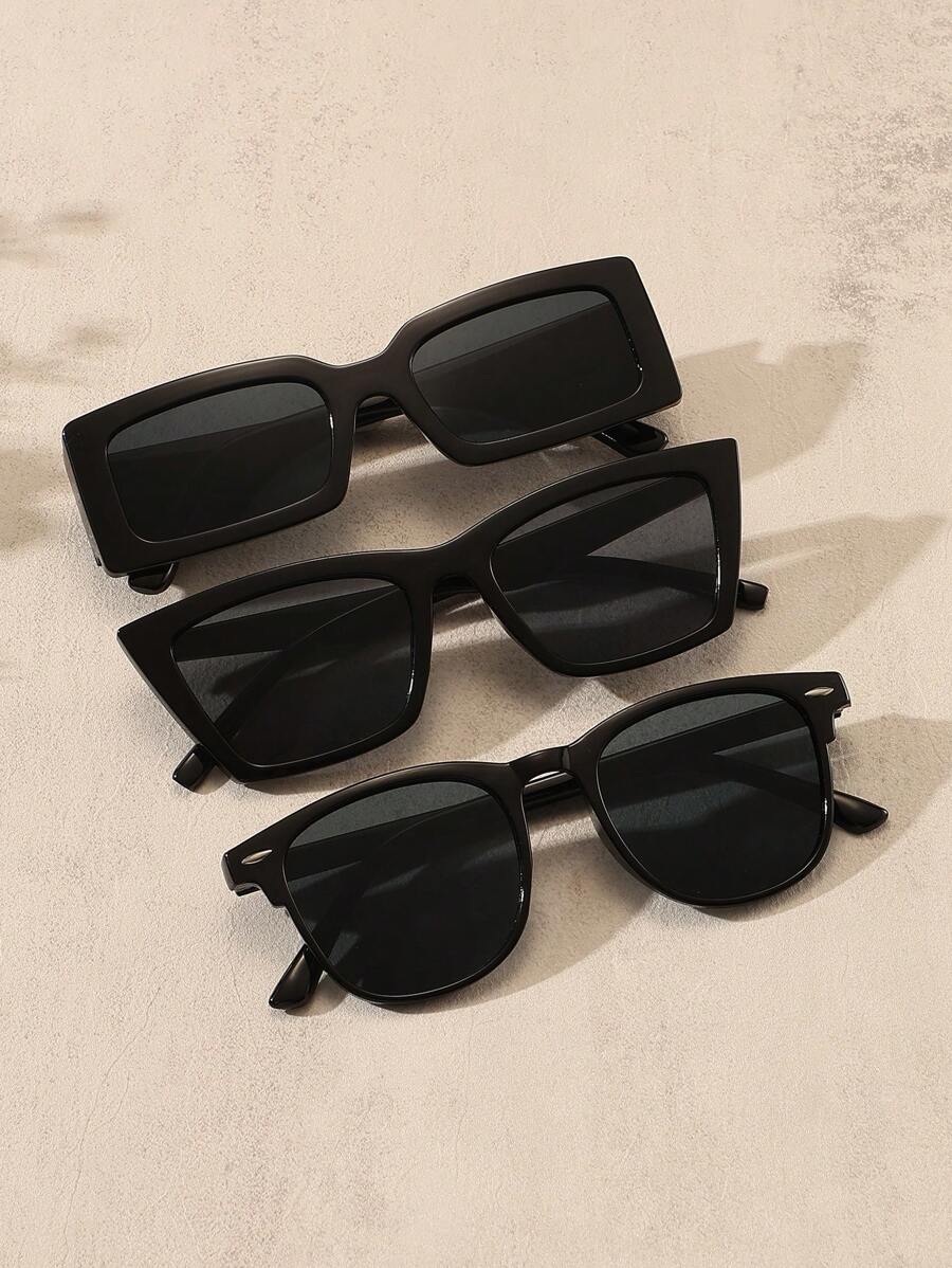3pcs Retro Square Big Frame Sunglasses, Plastic Fashion Classic Style For Outdoor, Travel, Beach, UV Protection Shade Going Out Outfit Outdoor Beach Seaside Vacation And Gift For Family And Friends - 黑色 - 查看 1