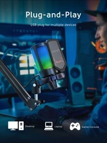 FIFINE Gaming PC USB Microphone, Podcast Condenser Mic With Boom Arm, Pop Filter, Mute Button For Streaming, Recoding Video, Twitch, Online Chat, RGB Computer Mic Compatible With PC Gamer Youtuber-FIFINE A6T