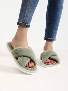 Fluffy Women's Indoor Slippers, Cross-Strap, Fur Backless Slipper, Non-Slip Rubber Sole, Quiet Slides, Four Seasons, For Home Use - Dark Green - View 1