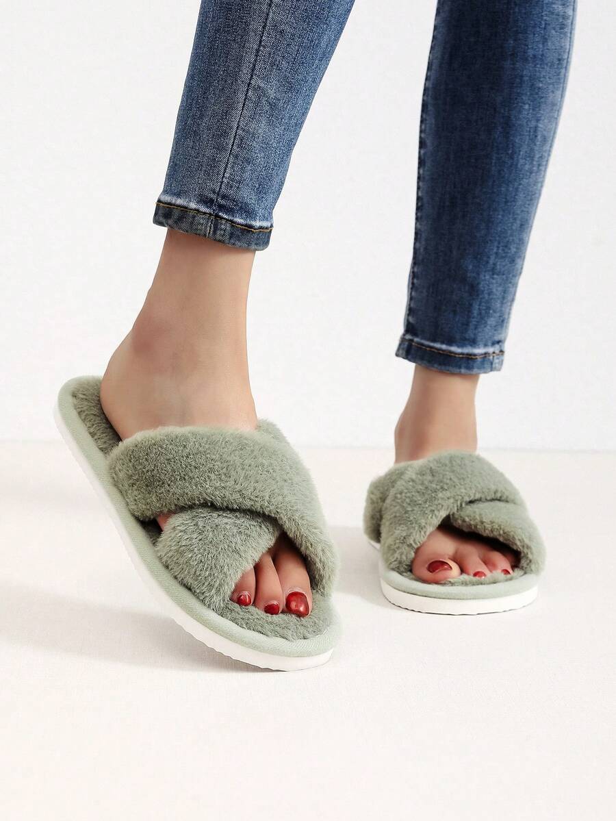 Fluffy Women's Indoor Slippers, Cross-Strap, Fur Backless Slipper, Non-Slip Rubber Sole, Quiet Slides, Four Seasons, For Home Use - Dark Green - View 1