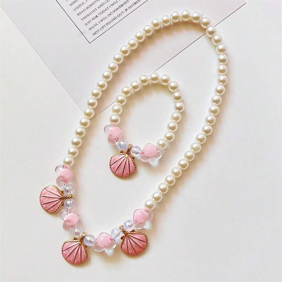 兒童假珍珠項鍊和手鐲套裝，女孩貝殼項鍊，假珍珠舞蹈表演飾品，禮物