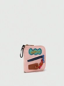 时尚百搭拼色小包带拉链装饰多隔层小卡包钱包短款钱包 - 粉色 - 查看 3
