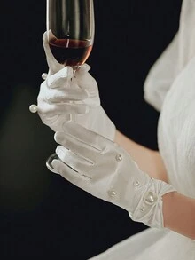 2 件新娘婚礼珍珠串珠软缎短手套，适合婚礼、摄影秋季女士服装 - 白色 - 查看 4