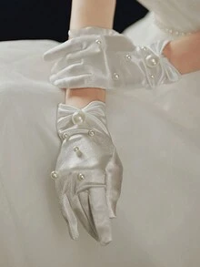 2 件新娘婚礼珍珠串珠软缎短手套，适合婚礼、摄影秋季女士服装 - 白色 - 查看 2