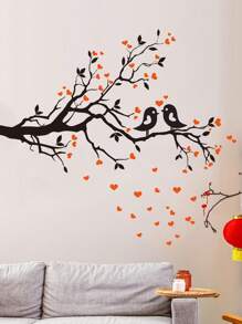 Valentine's Day Red Heart Black Branches Wall Decal Birds On Branches Wall Sticker Peel And Stick Bedroom Office Bathroom Living Room Wall Decor Removable Wall Art Decor Peel And Stick Room Wall Decor - Multicolor - View 2