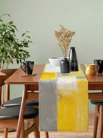 1pc Modern Abstract Art Yellow & Gray Table Runner, Polyester Fiber Decorative Cloth For Rectangular Table, Romantic Wedding & Holiday Party Table Decoration, Heat Resistant And Washable, 13x72 Inches
