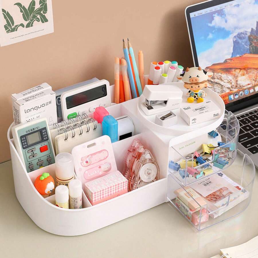 Drawer-Type Cosmetic Storage Box, Desktop Dressing Table Makeup Mirror Skincare Organizer - White - View 1