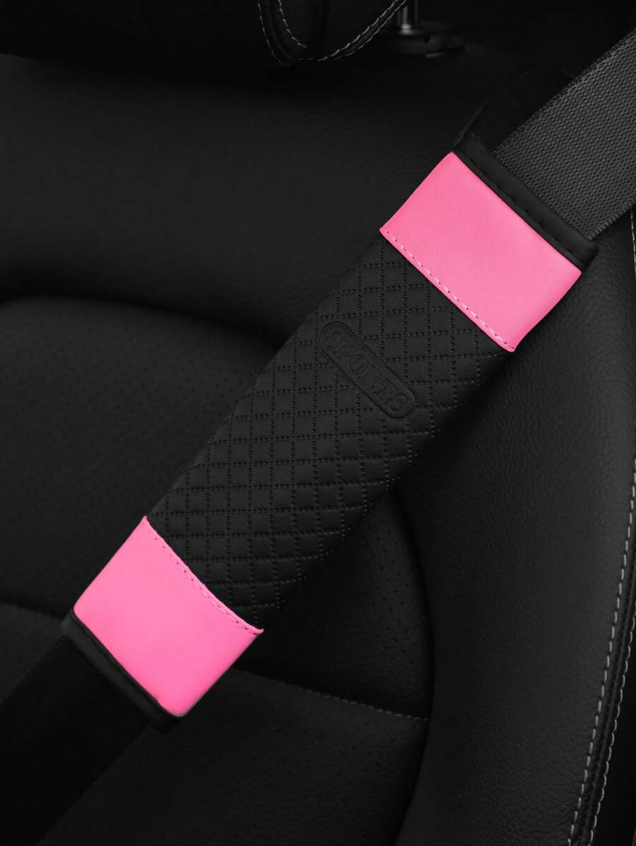 1pc Car Seat Belt Shoulder Pad Cover, Pu Leather Sport Inspired Design, Interior Accessory - Pink - View 1