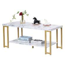 Coffee Table Marble Look, Living Room Table With 2 Shelves, Sofa Table With Metal Frame, Side Table Gold For Living Room & Office & Bedroom - White - View 1