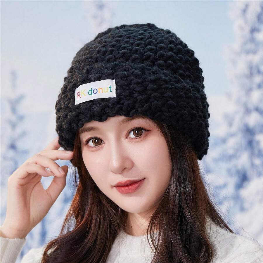 Thickened Green Knitted Hat With Chunky Yarn & Loose Design To Make Your Face Look Smaller, Keep Warm In Autumn And Winter - Black - View 1