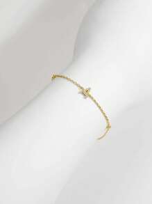 1入組時尚方晶鋯石和字母裝飾銀手環適合女士日常裝飾 - 金色 - 查看 4