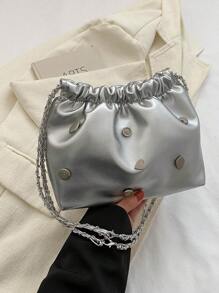 鞣皮螺釘霸氣風格橫式斜挎單肩包,輕巧簡潔,適合女大學生,新手或白領人士,適用於辦公室、大學、工作和商務通勤等場合 - 銀色 - 查看 1