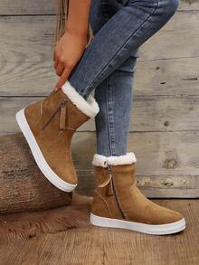 女士流行時尚、柔軟舒適、簡約耐用、戶外防風、百搭款絨面雙面拉鍊靴 - 棕色 - 查看 5